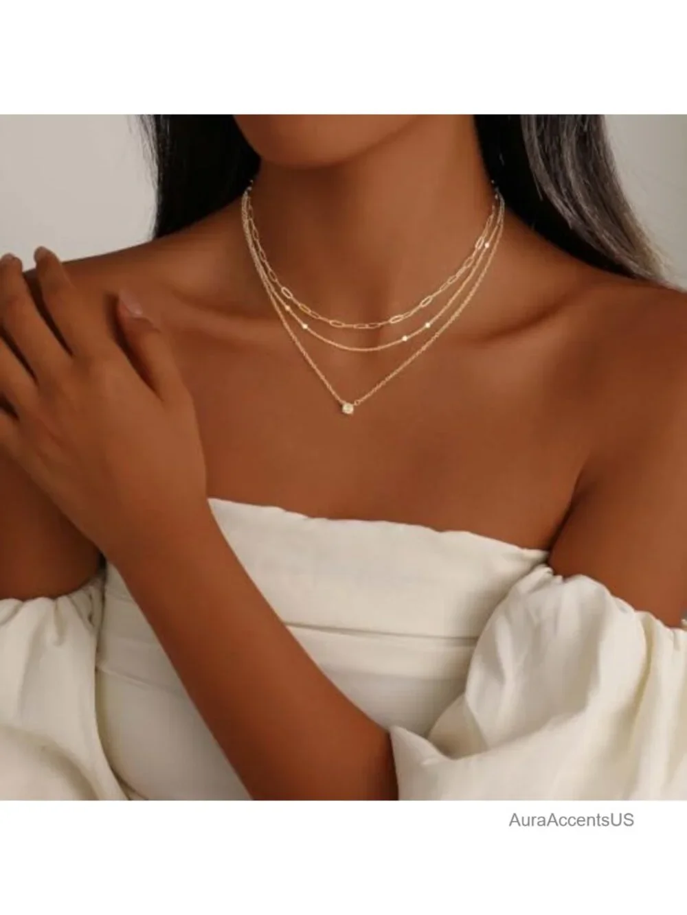 Layered Gold Plated Necklace Set Stackable Non-Tarnish Adjustable 3 Strands